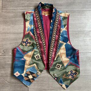 Vintage Southwestern Aztec Tapestry Print Vest Open Front Sweetgrass Size S